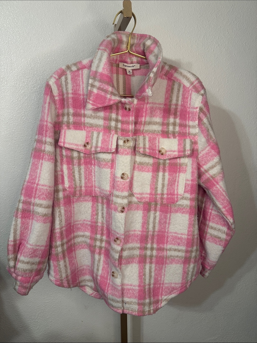 Francesca's Pink Plaid Button-Up Shacket- MEDIUM